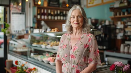 Mature cafe owner with grey hair and a floral dress.