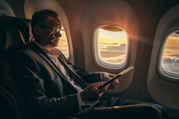 Businessman passenger sitting on seat in Airplane working online while travelling with tablet.