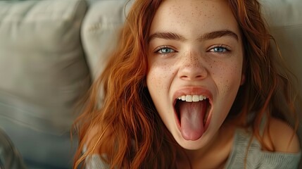 Playful young redhead sticking out her tongue in a relaxed pose. - Powered by Adobe