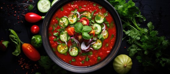 A dish of soup made with natural ingredients such as plum tomatoes and various vegetables, placed on a table surrounded by fresh produce