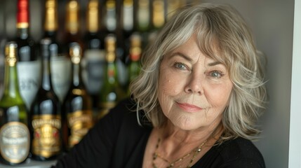 Smiling mature woman with silver hair in front of a wine shelf. - obrazy, fototapety, plakaty