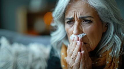 Senior lady with tissue by nose, distressed, and blurred background. - obrazy, fototapety, plakaty