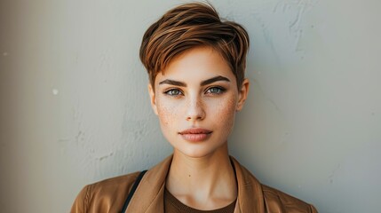 A young woman with freckles and a stylish haircut posing confidently.