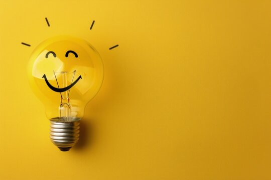 Light bulb with happy face, concept of creativity, idea, yellow background.