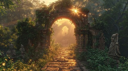Sunset Gate to the Forgotten Valley archway entwined with ancient ivy