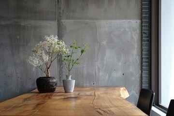 Wooden table with flower vase, wall with modern, minimalist finish, interior design concept, architecture.