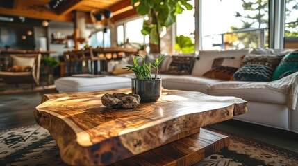 Fototapeta na wymiar coffee table with a live-edge wood top, showcasing the natural beauty of the wood grain in a modern and organic living space