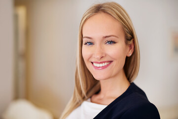 Smile, closeup and portrait of business woman in office, workspace and confident for corporate...
