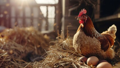 Hen with eggs on hay and straw in the barn on a farm. 