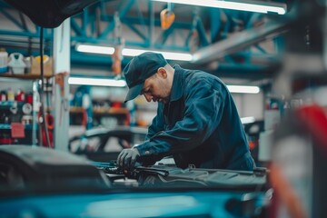 Car mechanic working in auto repair shop. Car service and maintenance concept. - obrazy, fototapety, plakaty