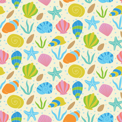 colorful  hand drawn seashells and starfish, stones, sea plants and little bubbles seamless pattern on light yellow background. Perfect for summer fabric, textile, swimwear and wrapping paper.