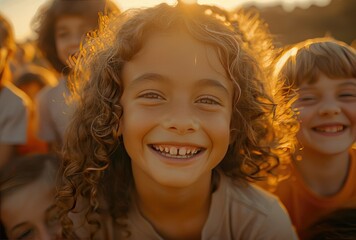Golden Laughter: Cinematic Close-Up of Happy Kids in the Warm Glow