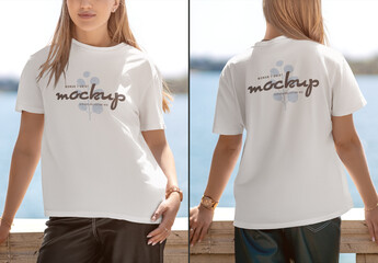 2 Mockups of a Women's T-shirt on a Outdoor - Powered by Adobe