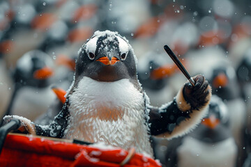 A penguin conducting an orchestra
