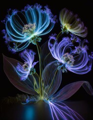 Beautiful flowers on black background. Fantasy fractal design. Psychedelic digital art.