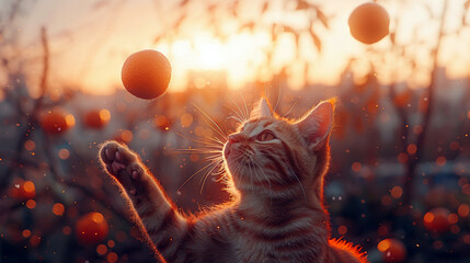 A cat juggling oranges