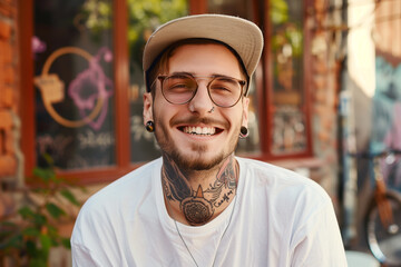 Portrait of smiling cheerful young bearded tattooed man in casual t-shirt and cap sitting outdoors - obrazy, fototapety, plakaty