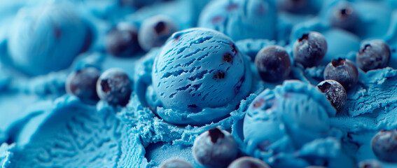 Blueberry ice cream scoops, fruit texture, dessert.