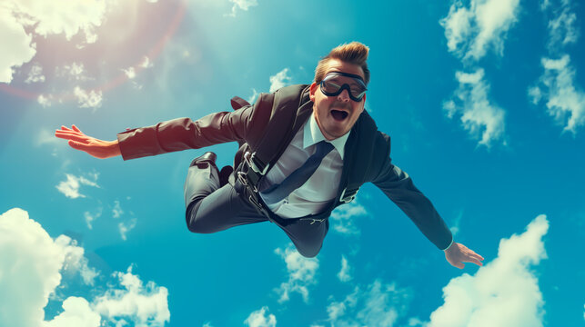 Businessman in skydive gear taking the leap against a backdrop of clouds.