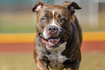Energetic Pit Bull Dog Running Eagerly on a Sunny Day at the Dog Park with Vivid Colors