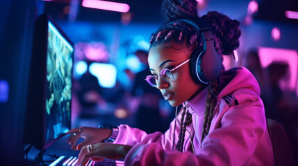 A young African-American girl, a gamer streamer in glasses and headphones, playing online fights, Racing in a room with neon lighting. Cyber Sports, Team Games, Esports, Hobby concepts. - obrazy, fototapety, plakaty