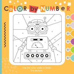 Color by numbers – cute robot. Activities for kids.  Logic games for children. Coloring page. Games and activities for kids. Vector illustration. Square format.