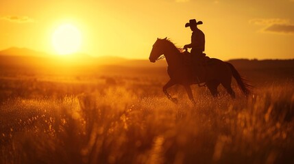 a man riding a horse in a field of tall grass - obrazy, fototapety, plakaty