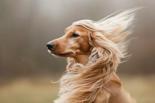 Majestic Golden Cocker Spaniel with Flowing Fur in the Breeze Against Soft Focus Nature Background