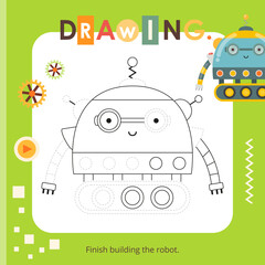 Cute Robots activities for kids. Tracing the picture – Robot. Logic games for children. Square Coloring page. Vector illustration.