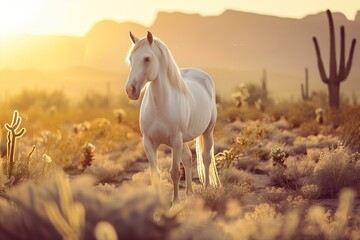 Obraz na płótnie Canvas photo beautiful white horse with a desert with cactuses in the background, golden hour