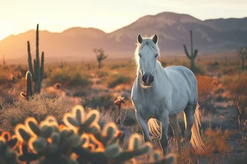 Schilderijen op glas photo beautiful white horse with a desert with cactuses in the background, golden hour © World of AI