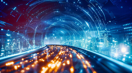 Futuristic Night Road in City, Speed and Technology, Urban Transportation and Digital Connection...