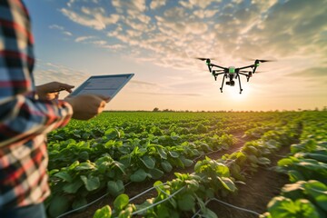 a drone flying over a field of crops - obrazy, fototapety, plakaty