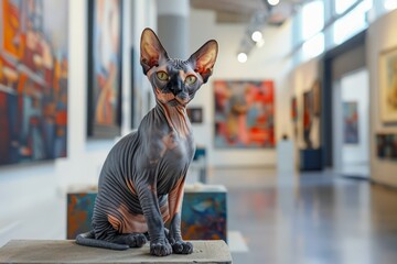 Elegant Sphynx Cat Sitting Elegantly in an Art Gallery with Colorful Paintings in Background - Powered by Adobe