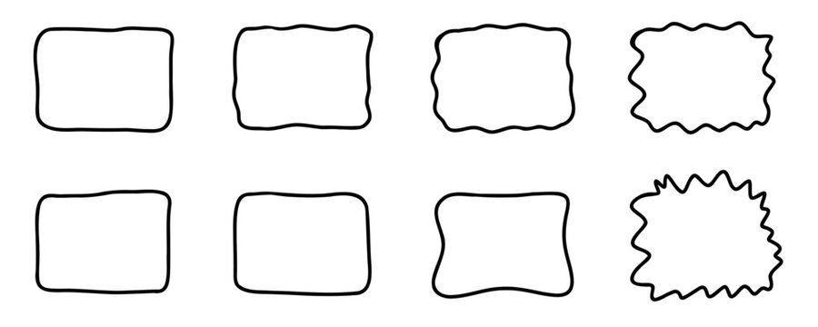 Rectangle frame set. Doodle wavy curve deformed textured frames. Border sketch. Vector illustration on a white background.