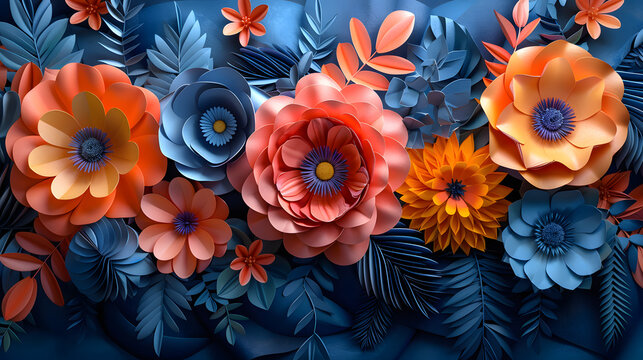 Festive Floral Arrangement, Vibrant Paper Cut Flowers in Botanical Art 3D Render, Colorful Celebration Decoration, Handmade Flower in Background Design.