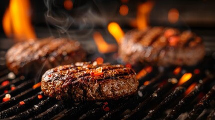 Juicy beef hamburger patties sizzling over hot flames on the barbecue.