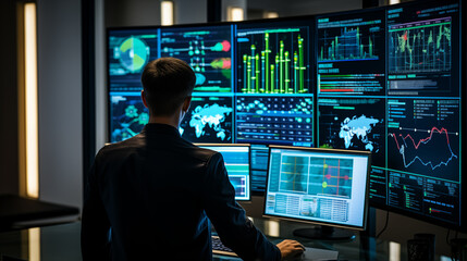 Man analyzing digital information across screens ai generated image background