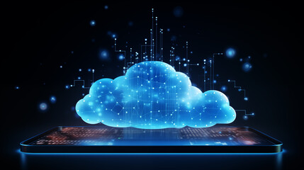 Smartphone with holographic cloud computing ai generated image background