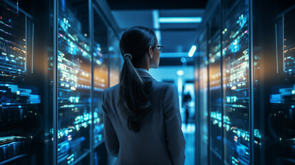 Businesswoman analyzing data servers ai generated image background