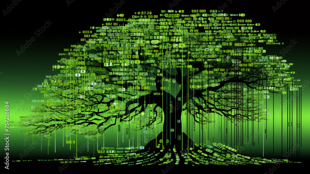 Poster Tree with digital roots and leaves of green data ai generated background image