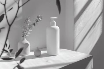 White cosmetic liquid soap dispenser bottle mockup with a black and white background