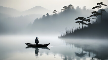  lonely boat with a fisherman in a misty lake in Japanese sumie style