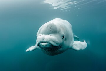 Fototapeta premium Underwater Majesty: Enchanting Encounter with a Graceful Beluga Whale in the Serene Depths of the Ocean
