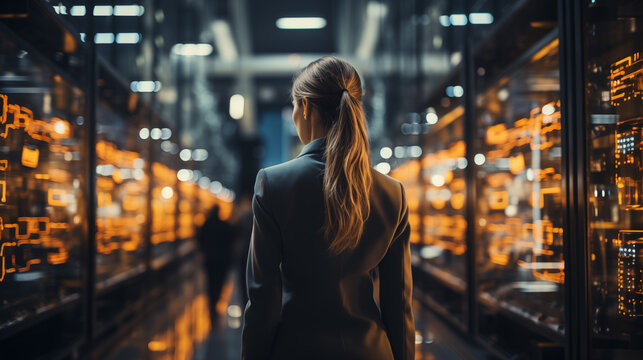 Suit woman walks along illuminated server racks ai generated image background