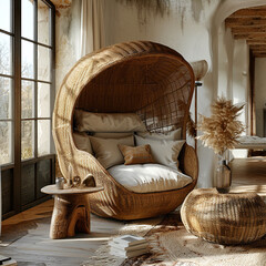 Wicker chair cocoon in a modern living room in boho style