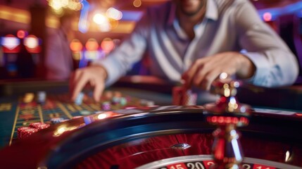 man betting on roulette in casino - obrazy, fototapety, plakaty