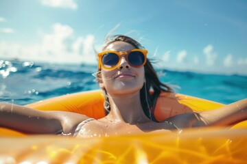 Woman in sunglasses on a floating buoy relaxing in the sea, leisure, summer concept. - obrazy, fototapety, plakaty