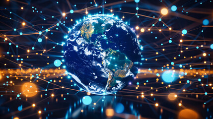 Global Networking and Digital Technology, Earth Map and Information Transfer, Futuristic Communication Concept