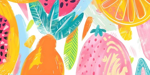 Abstract citrus fruits and berries colorful juicy pattern in cartoon groovy style with summer happy vibes - obrazy, fototapety, plakaty